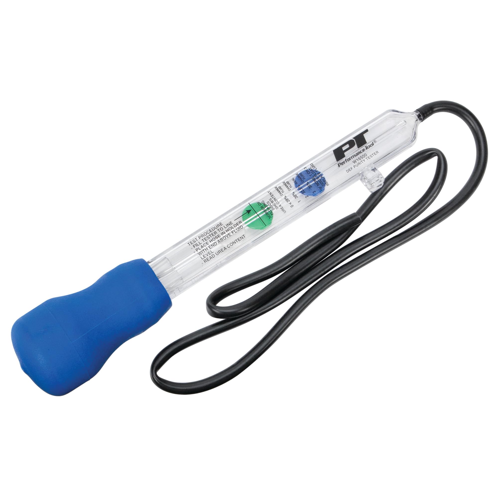 Performance Tool W16500 disc-type DEF tester shows purity reading for accuracy