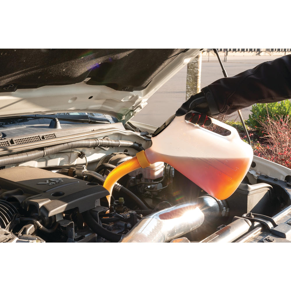 Performance Tool W4046 oil jug with flexible spout reaches tight areas during transfer.