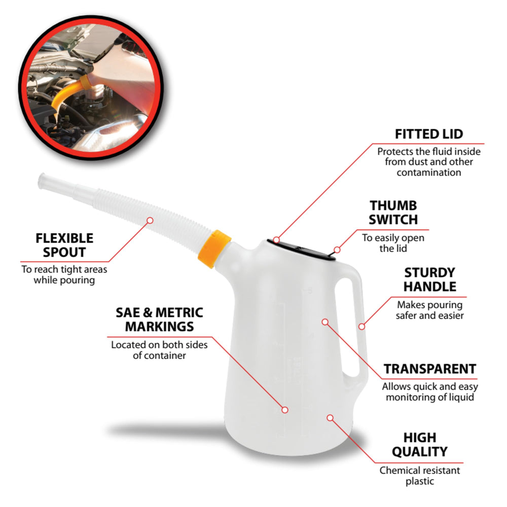 Performance Tool W4046 oil jug pouring handle enables controlled pours in tight spots.