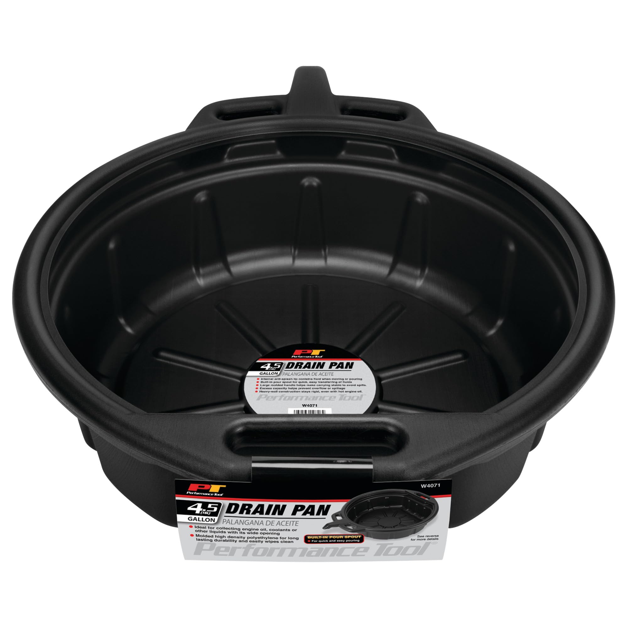 Performance Tool W4071 4.5-gallon capacity reduces overflow during servicing.
