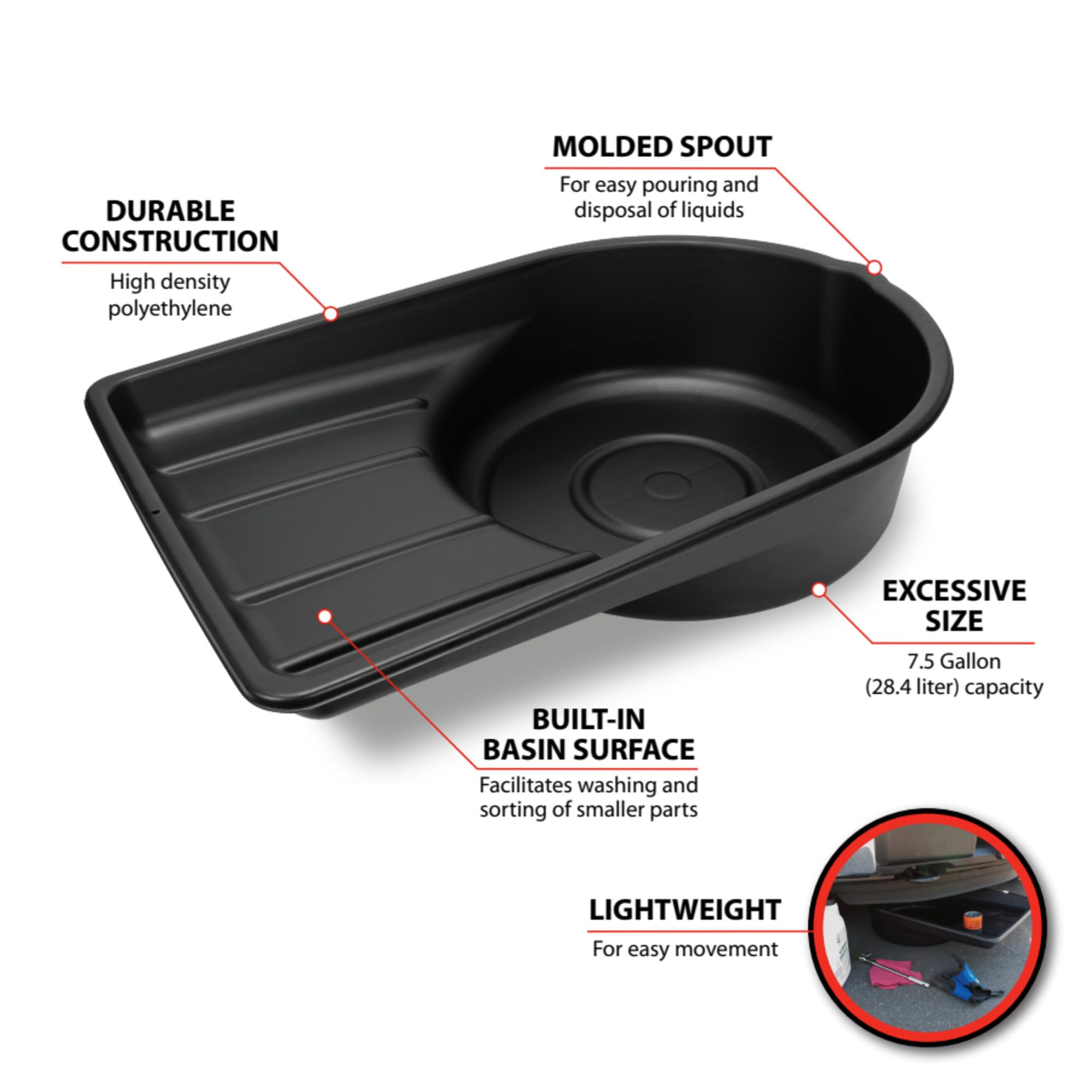 Performance Tool W4072 built-in basin simplifies washing and sorting small parts.
