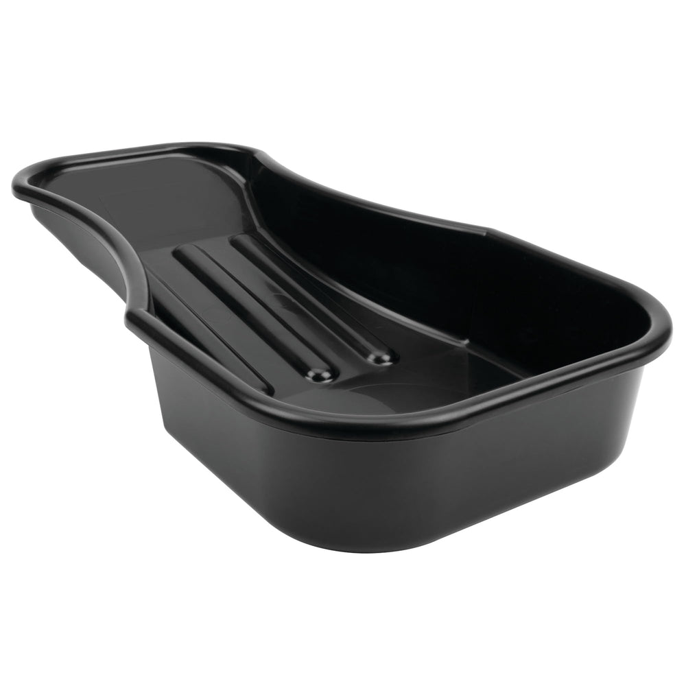 Performance Tool W4073 oil drain pan with tapered end prevents spills during drainage.