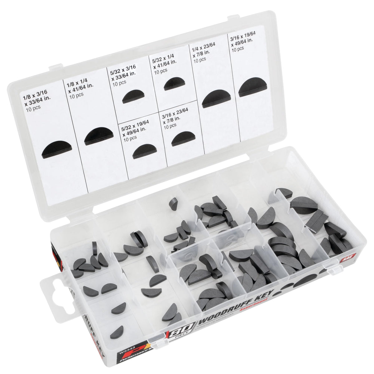 Performance Tool W5343 woodruff keys assortment in labeled case for automotive and industrial use.