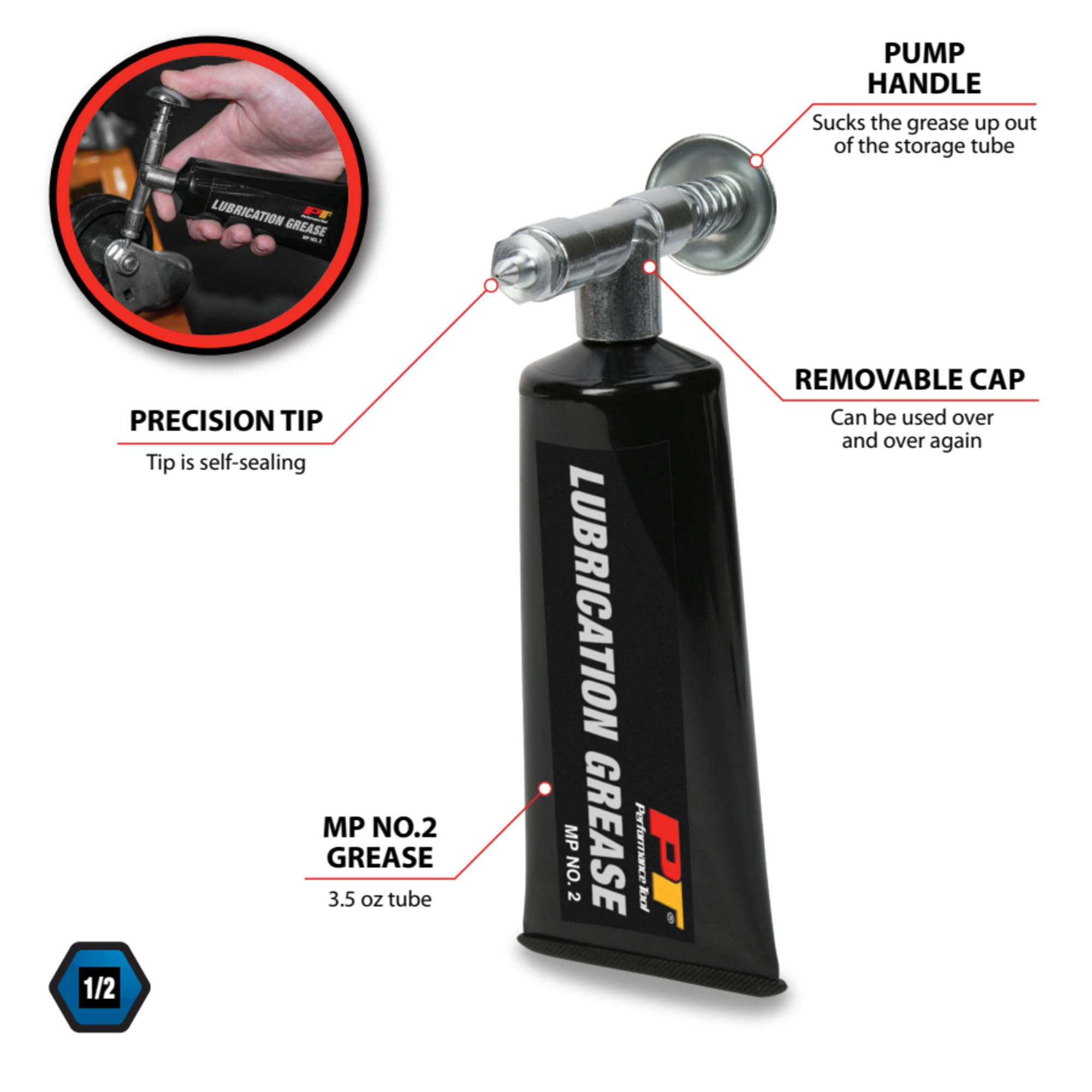 Performance Tool W54235 grease dispensing via vacuum-action demonstrating controlled flow.
