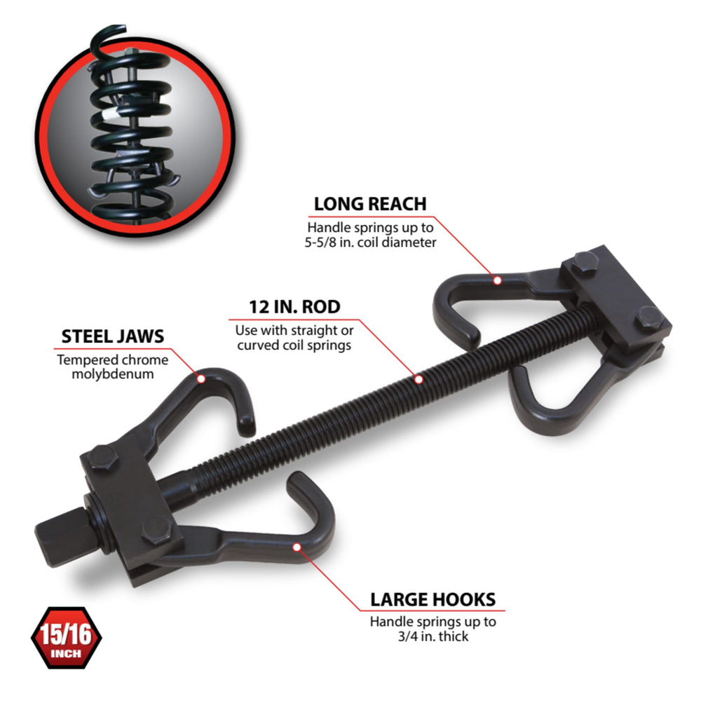 Performance Tool W80554 center-access coil spring compressor in action for easier removal.