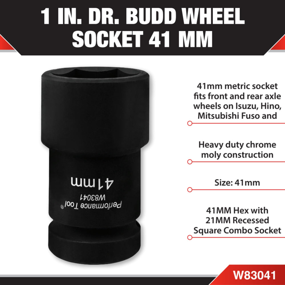 Performance Tool W83041 41mm Budd wheel socket side view showing durable construction.