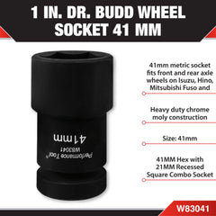 Performance Tool W83041 41mm Budd wheel socket side view showing durable construction.