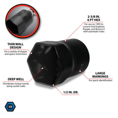 Performance Tool W83240 hex lock nut socket positioned on a Ford wheel-bearing locknut.