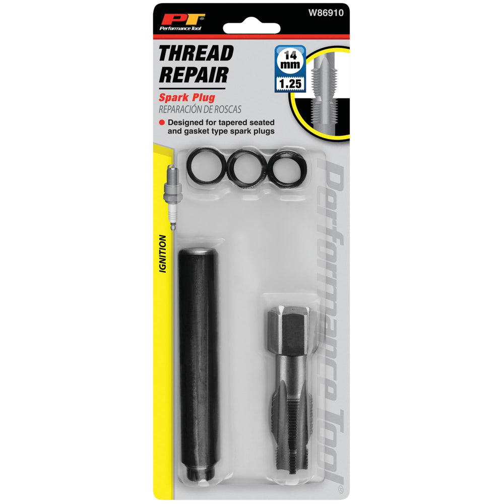 Performance Tool W86910 in-use-assembly demonstrates on-vehicle spark plug repair workflow.