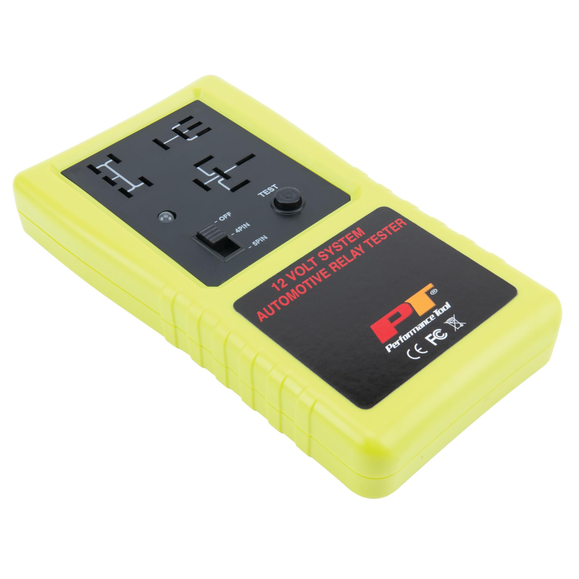 Performance Tool 3009 relay tester front view showing compact, battery-powered testing capability