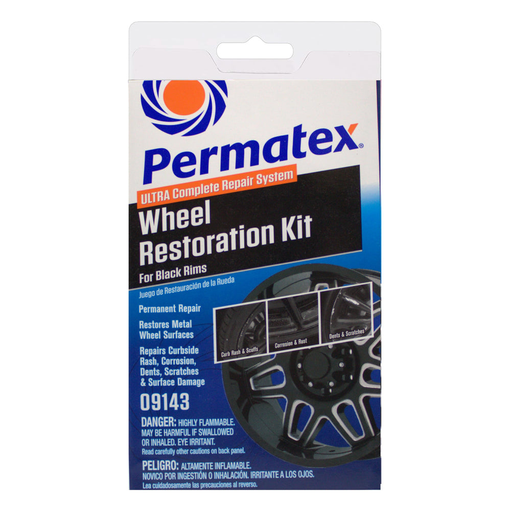 Permatex 09143 wheel restoration kit contents show all included tools for a DIY rim repair.