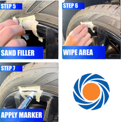 Permatex 09143 wheel restoration finish shows final like-new appearance with marker and paint included.