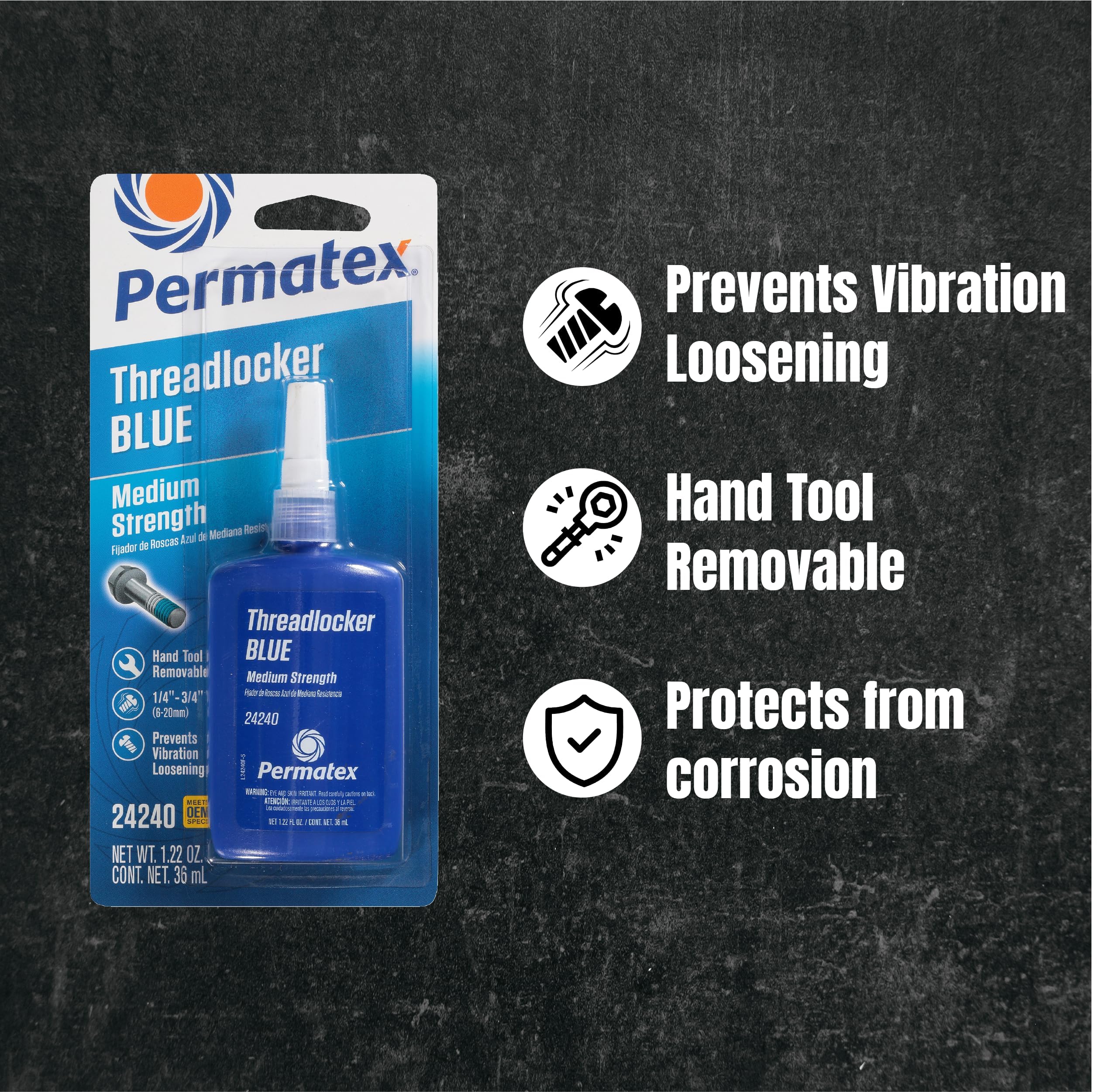 Permatex 24240 applied to bolts in the 1/4 to 3/4 inch range.
