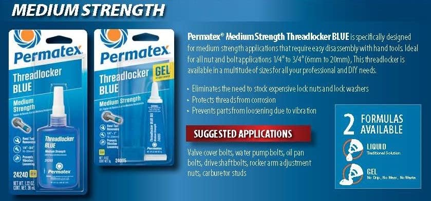 Blue Permatex 24240 bottle showing application to fasteners.