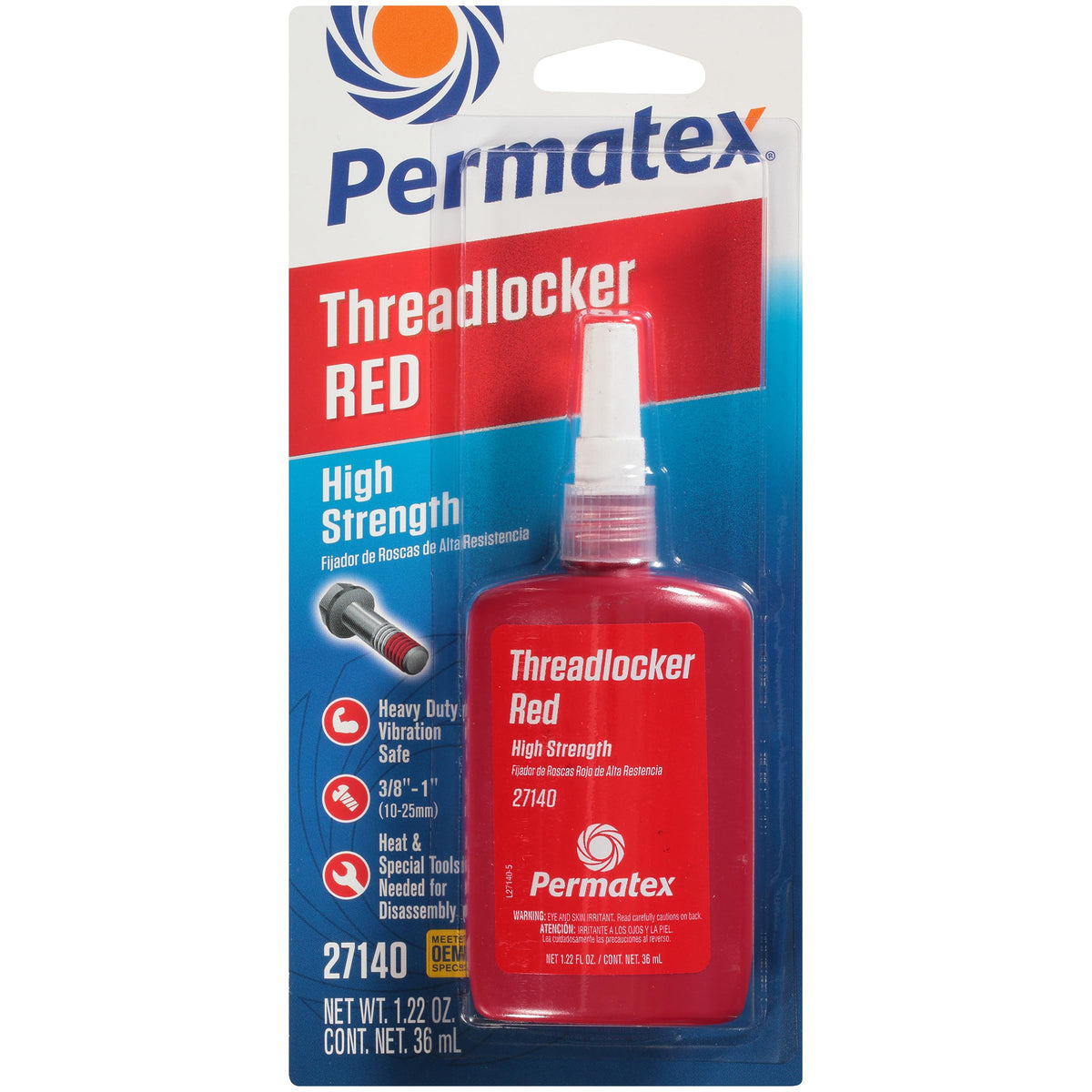 Permatex 27140 high-strength threadlocker red bottle for secure assemblies