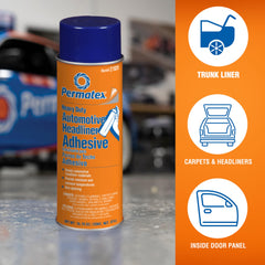 Permatex 27828 aerosol can; dries clear for neat interior repairs.