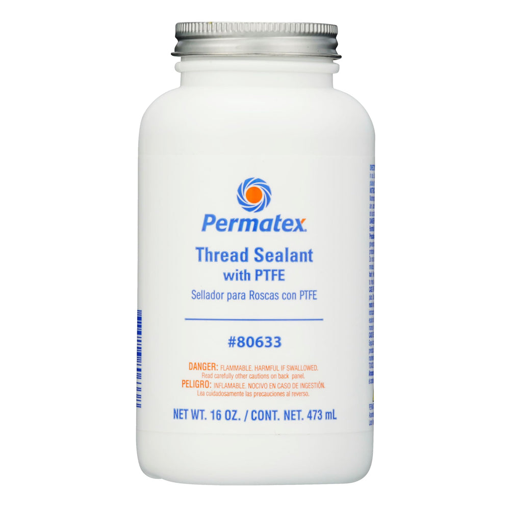 Permatex 80633 thread sealant bottle for leak-free seals in air, oil, and hydraulic systems.