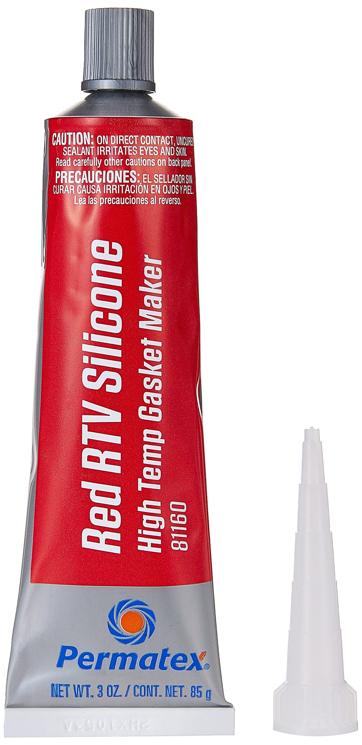 Permatex 81160 high-temperature red RTV bottle shows heat resistance for tough engine gaskets.
