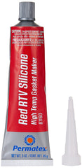 Permatex 81160 high-temperature red RTV bottle shows heat resistance for tough engine gaskets.
