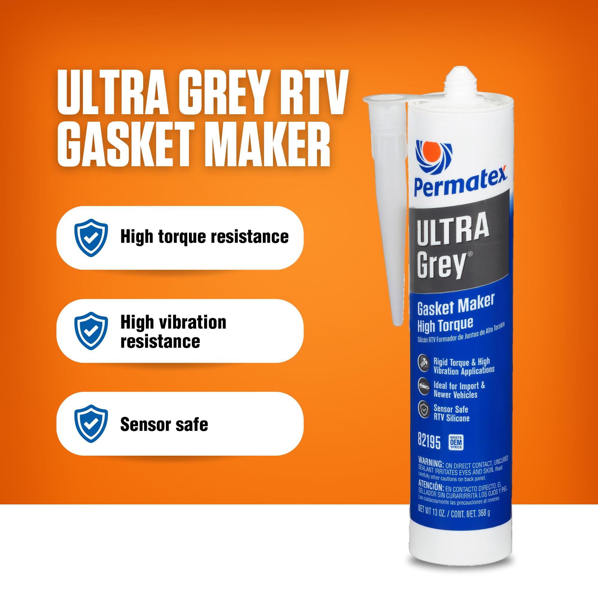 Permatex 82195 Ultra Grey bottle nozzle close-up highlights precise sealant application.