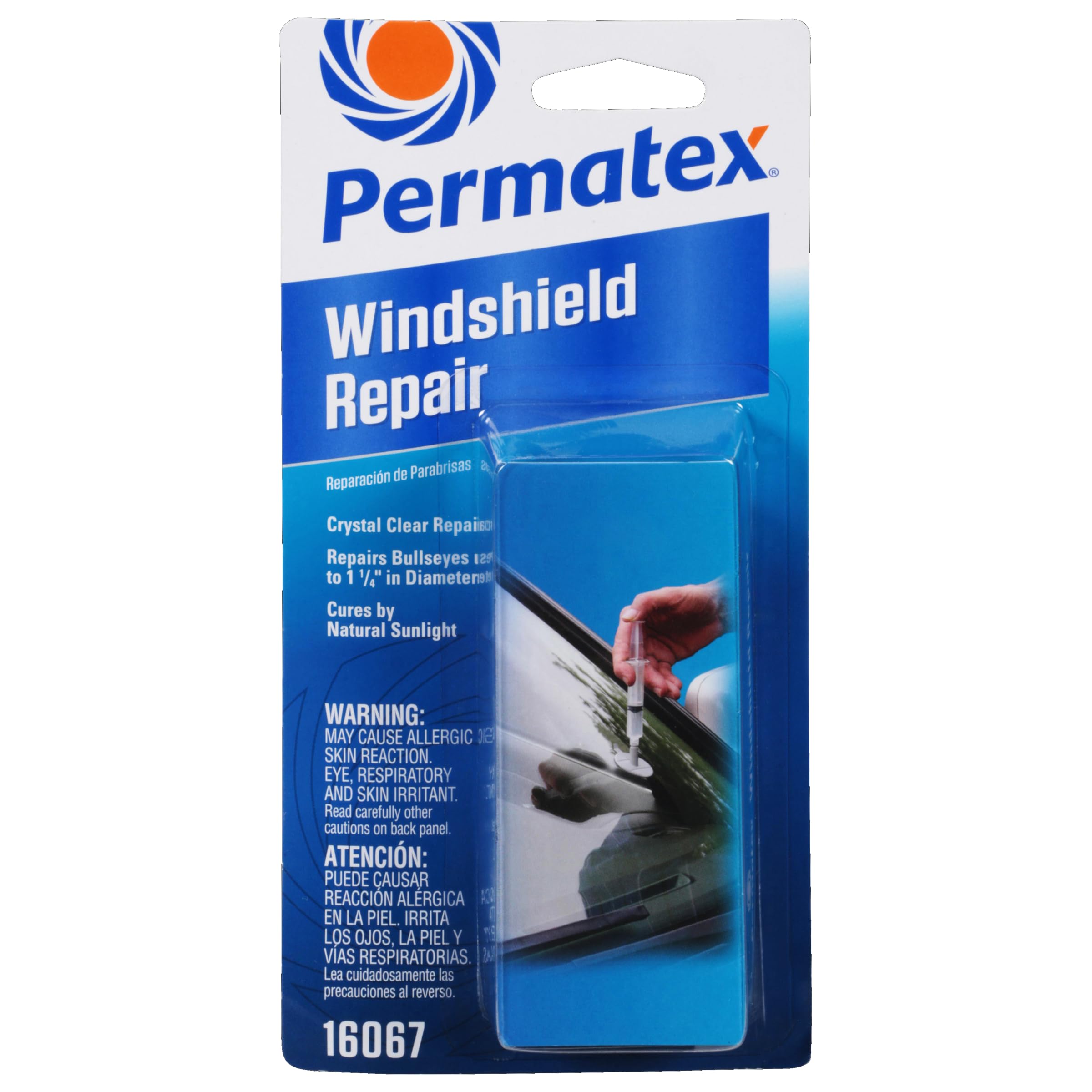Permatex Bullseye repair syringe shown for simple windshield fixes.