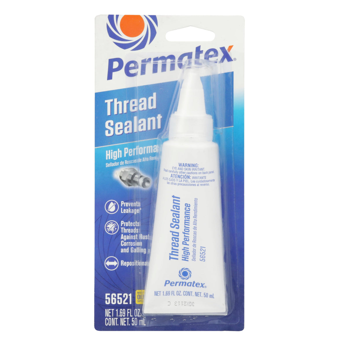 Permatex high-performance thread sealant 50ml white bottle closeup for leak-proof seals