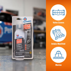 Permatex Right Stuff Grey forms elastomeric gasket for durability.