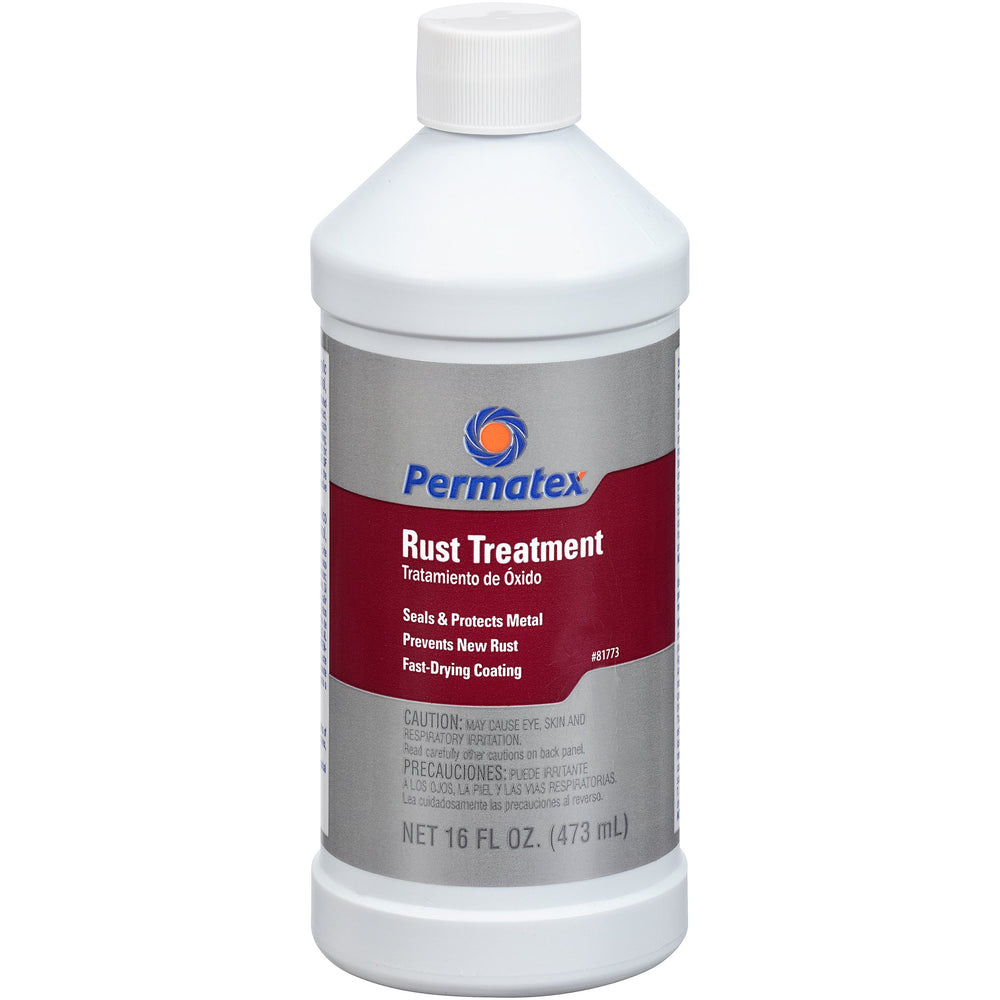 Permatex Rust Treatment bottle application forms a durable black coating and primes surfaces for painting.