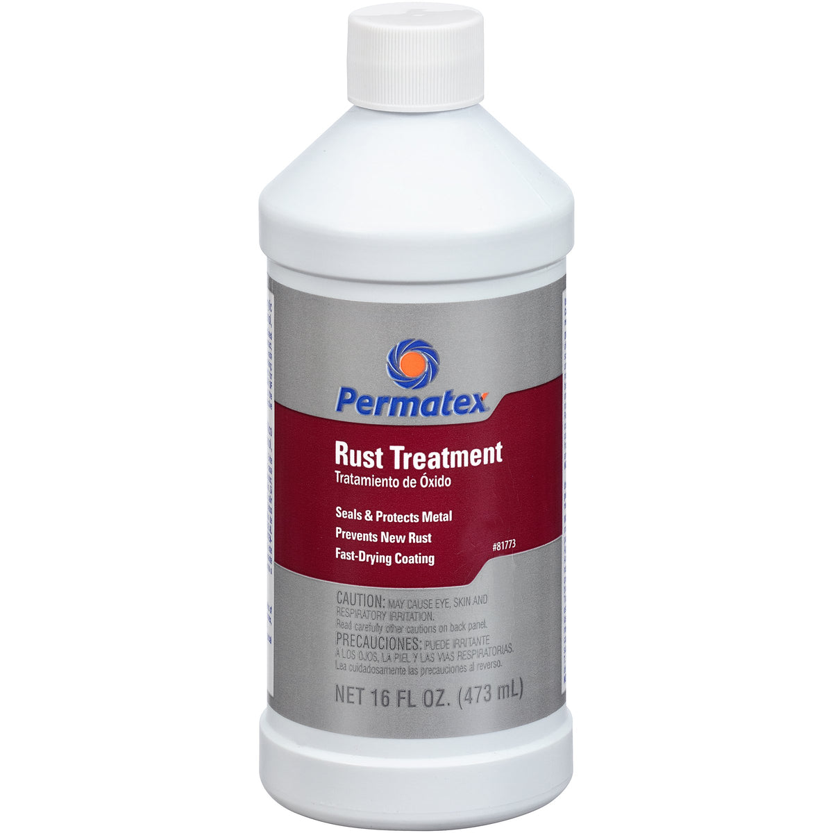 Permatex Rust Treatment bottle application forms a durable black coating and primes surfaces for painting.