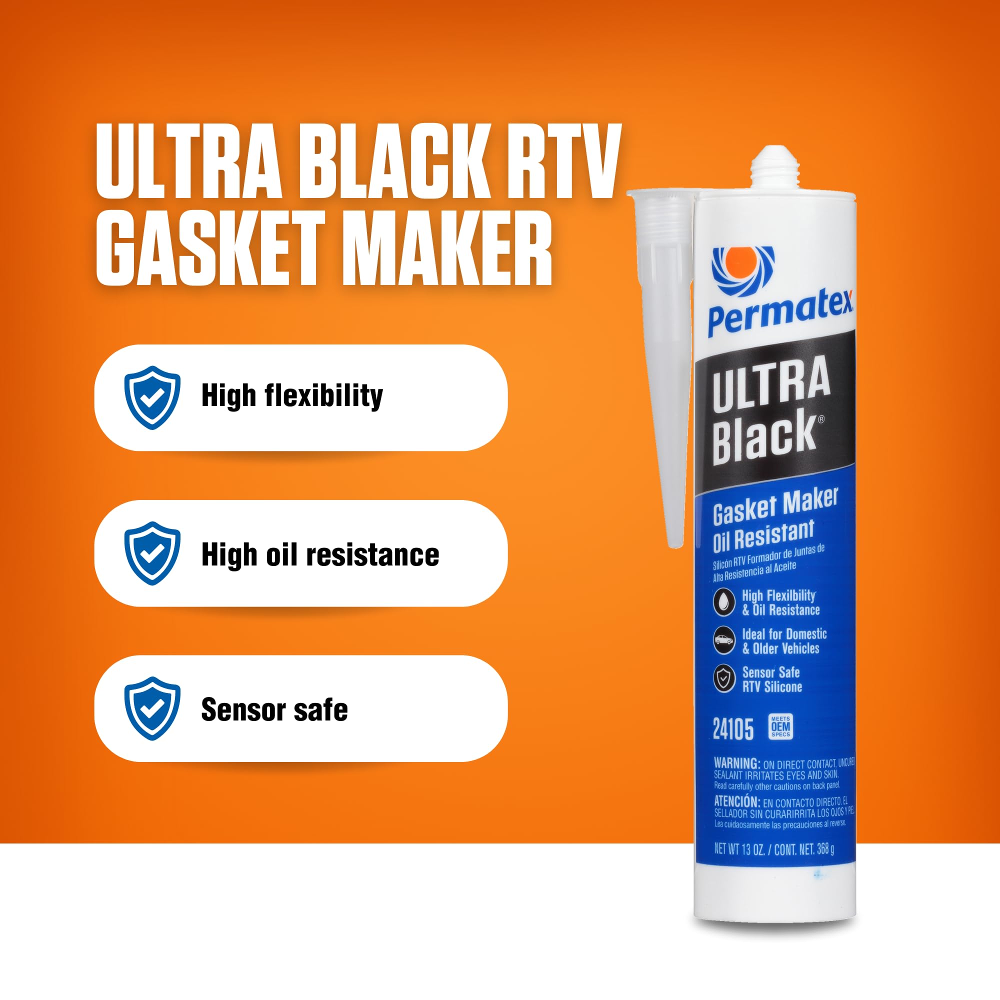 Permatex Ultra Black packaging highlighting universal fit and oil resistance.
