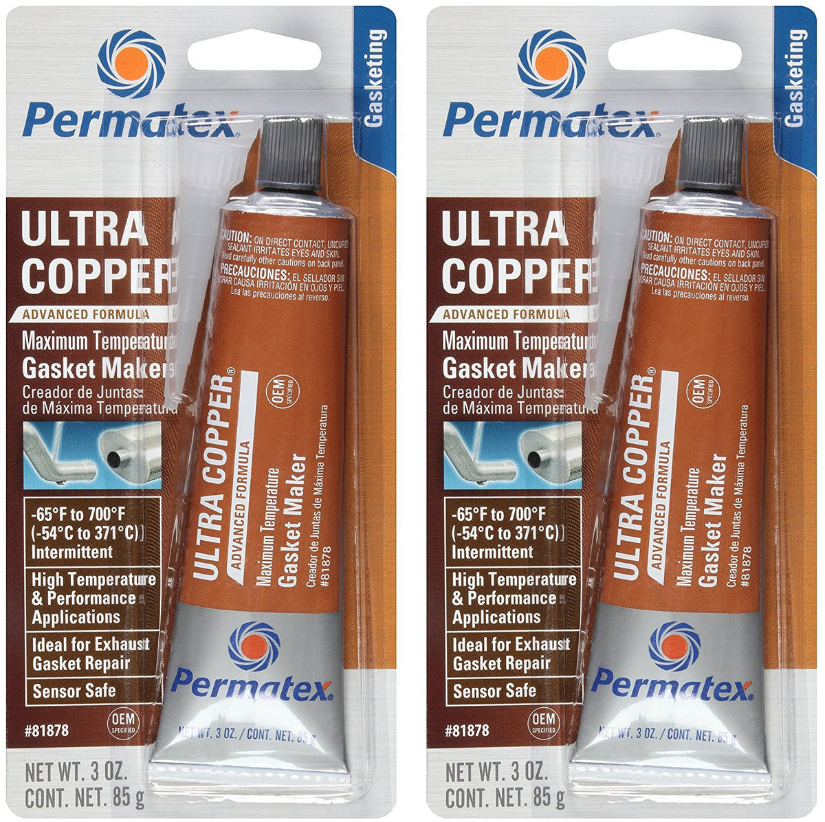 Permatex Ultra Copper RTV Gasket Maker 2-pack ready for durable automotive gasket sealing.