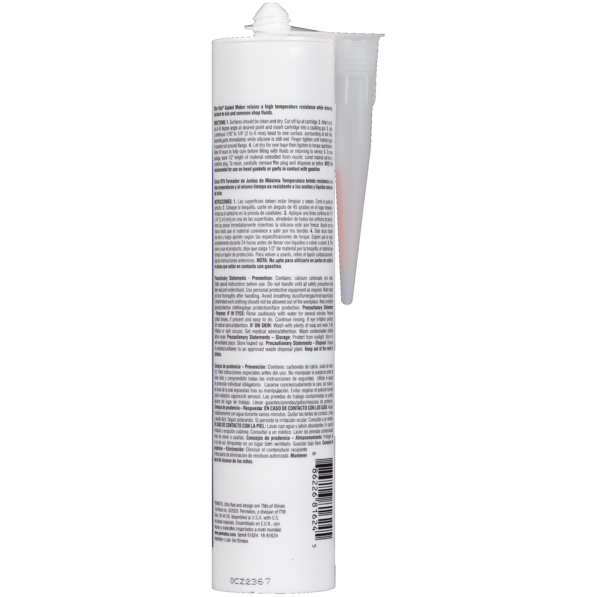 Permatex Ultra Red high-temp seal on engine gasket demonstrates robust heat tolerance.