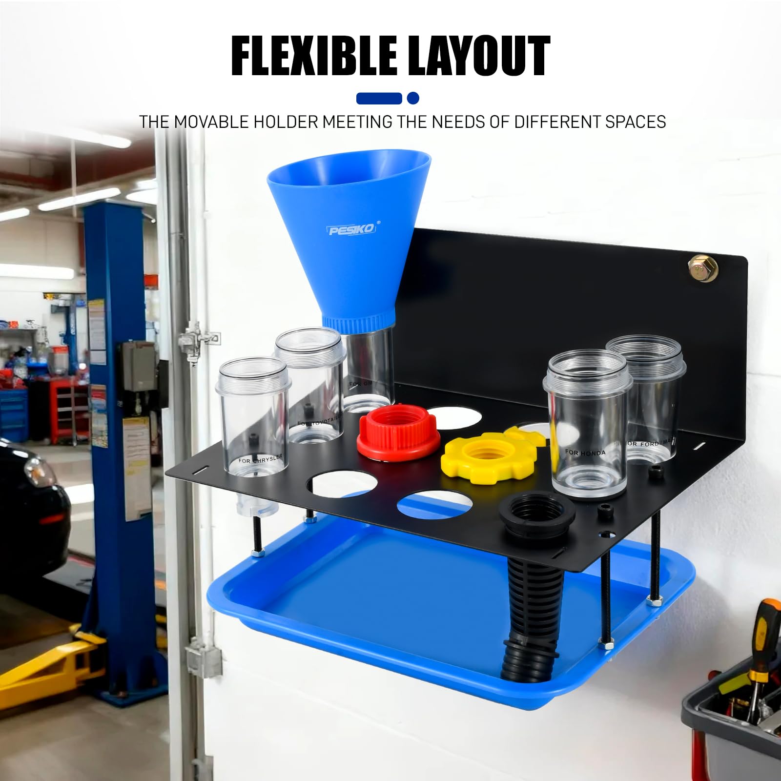 PESIKO Engine Oil Funnel Kit clear-view tube shows oil flow during pouring.