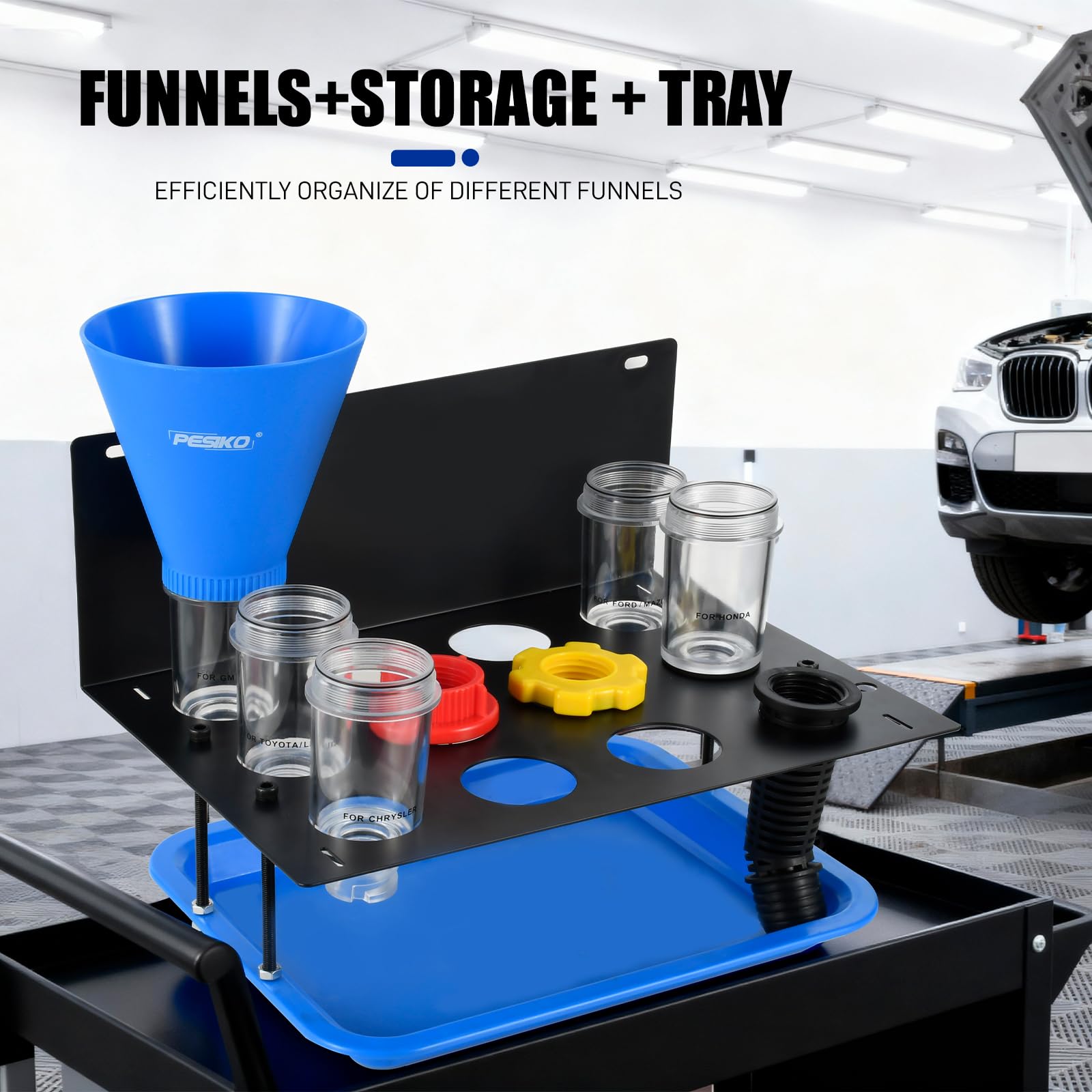 PESIKO Engine Oil Funnel Kit with universal adapters for broad vehicle compatibility.