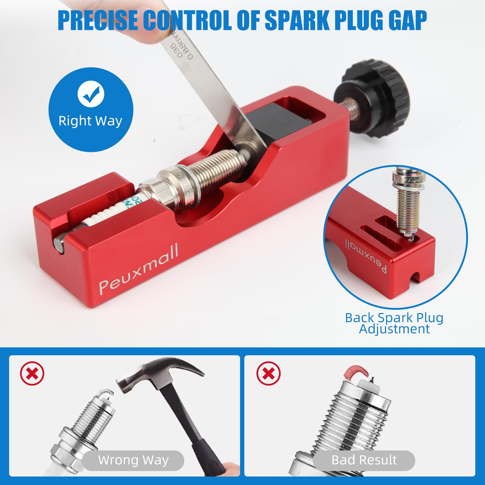 Peuxmall Spark Plug Gap Tool shows 32 blade steel feeler for precise gaps.