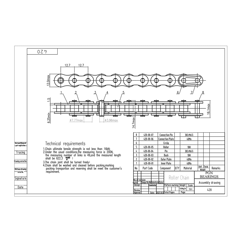 PGN Bearings 420 chain with two free connecting links laid out