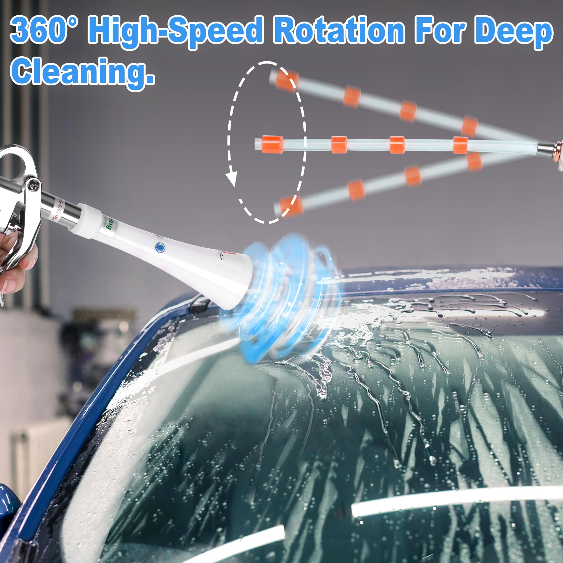 Phepetroll 360-degree rotation hose extends reach for faster interior cleaning.