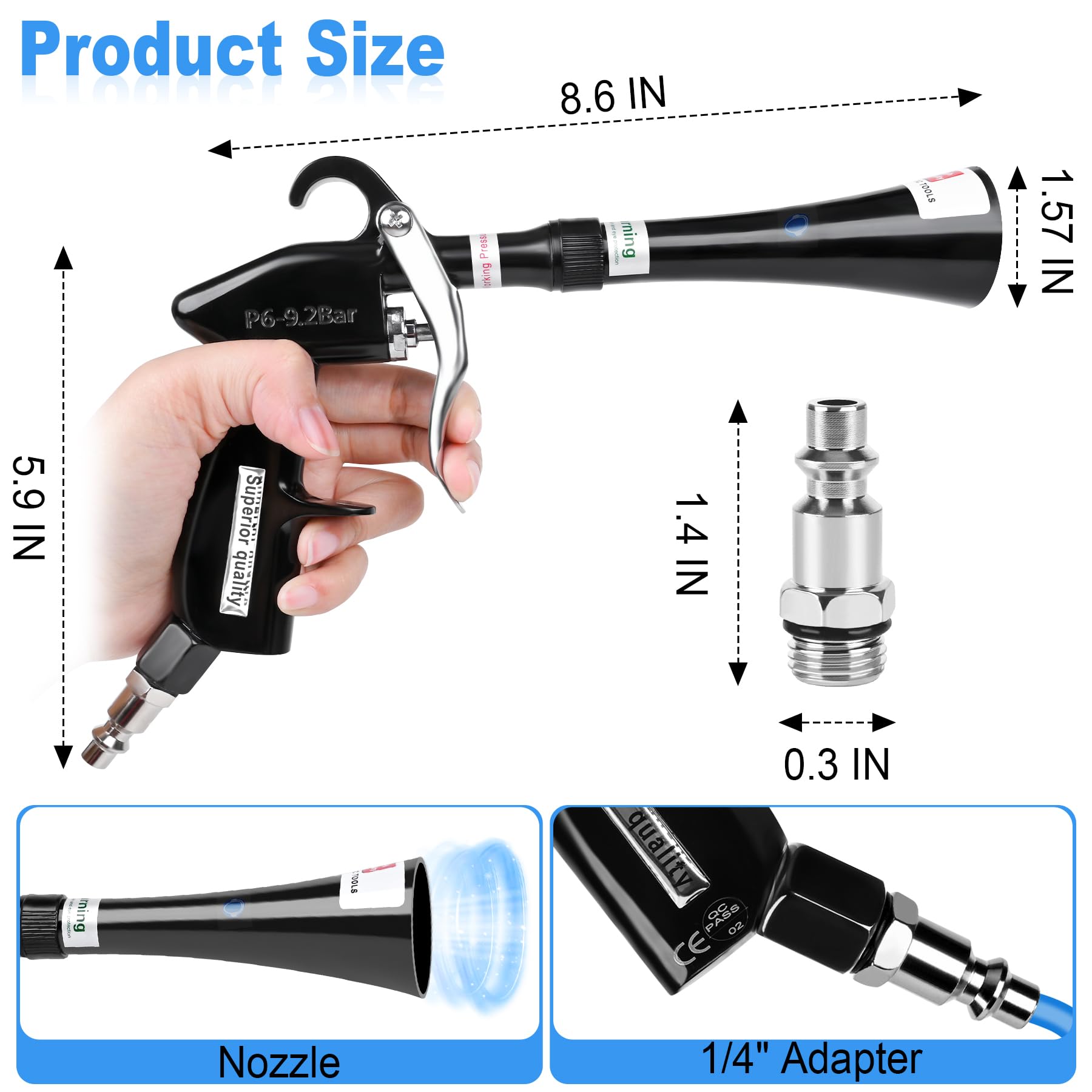 Phepetroll air blow gun shows conical design improving cleaning reach