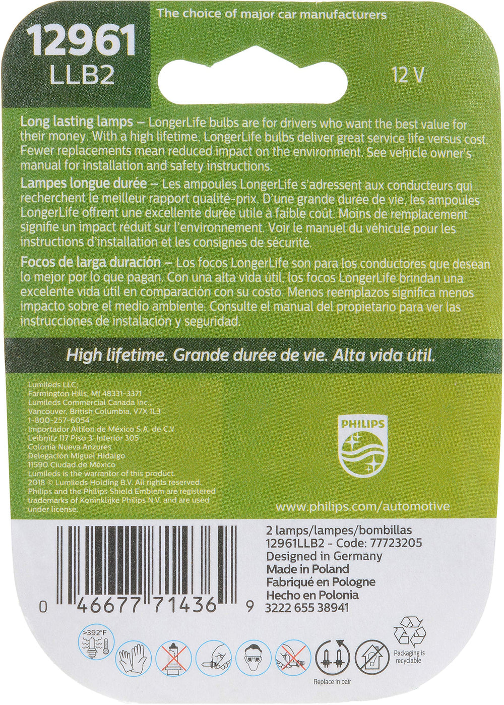Philips LongerLife mini bulb 12961LLB2 installed in pair for balanced lighting.