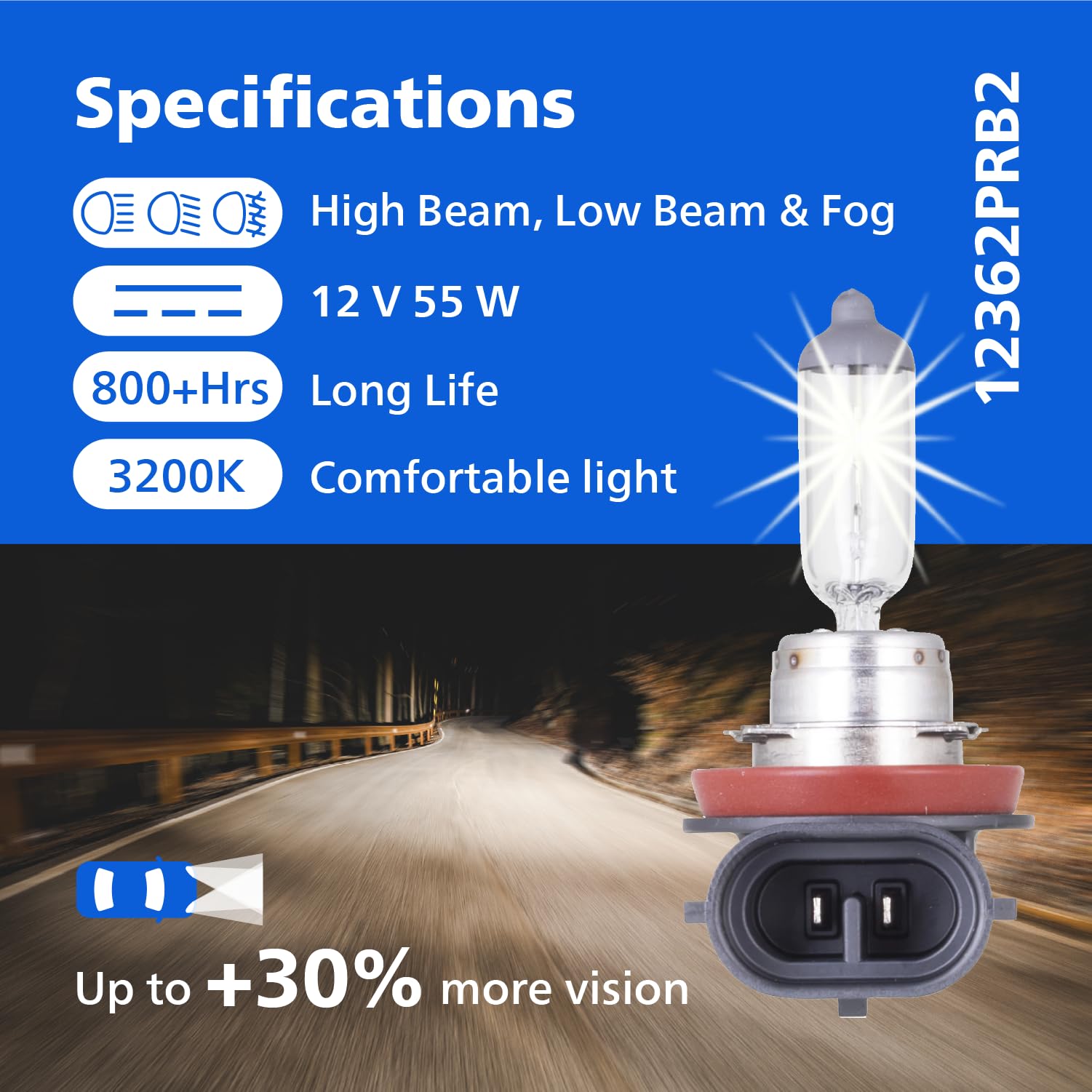 Philips Vision H11 low-beam visibility enhances distant recognition.