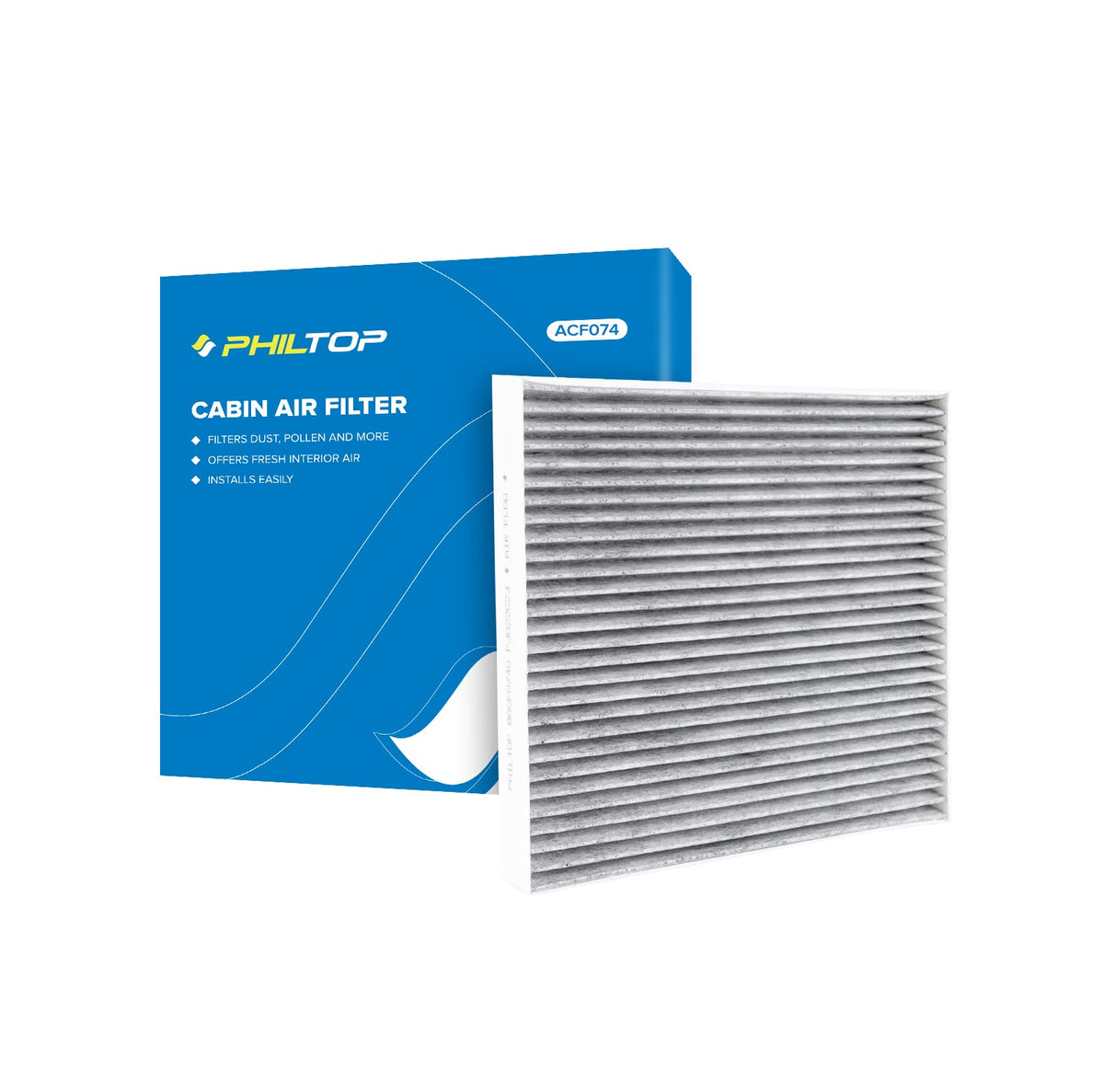 PHILTOP HEPA cabin filter box-front view highlighting compact design and brand.