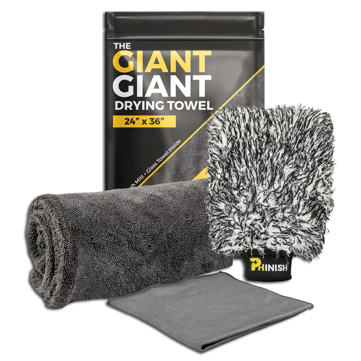 Phinish Giant Giant drying towel in action on SUV, fast one-pass absorption.