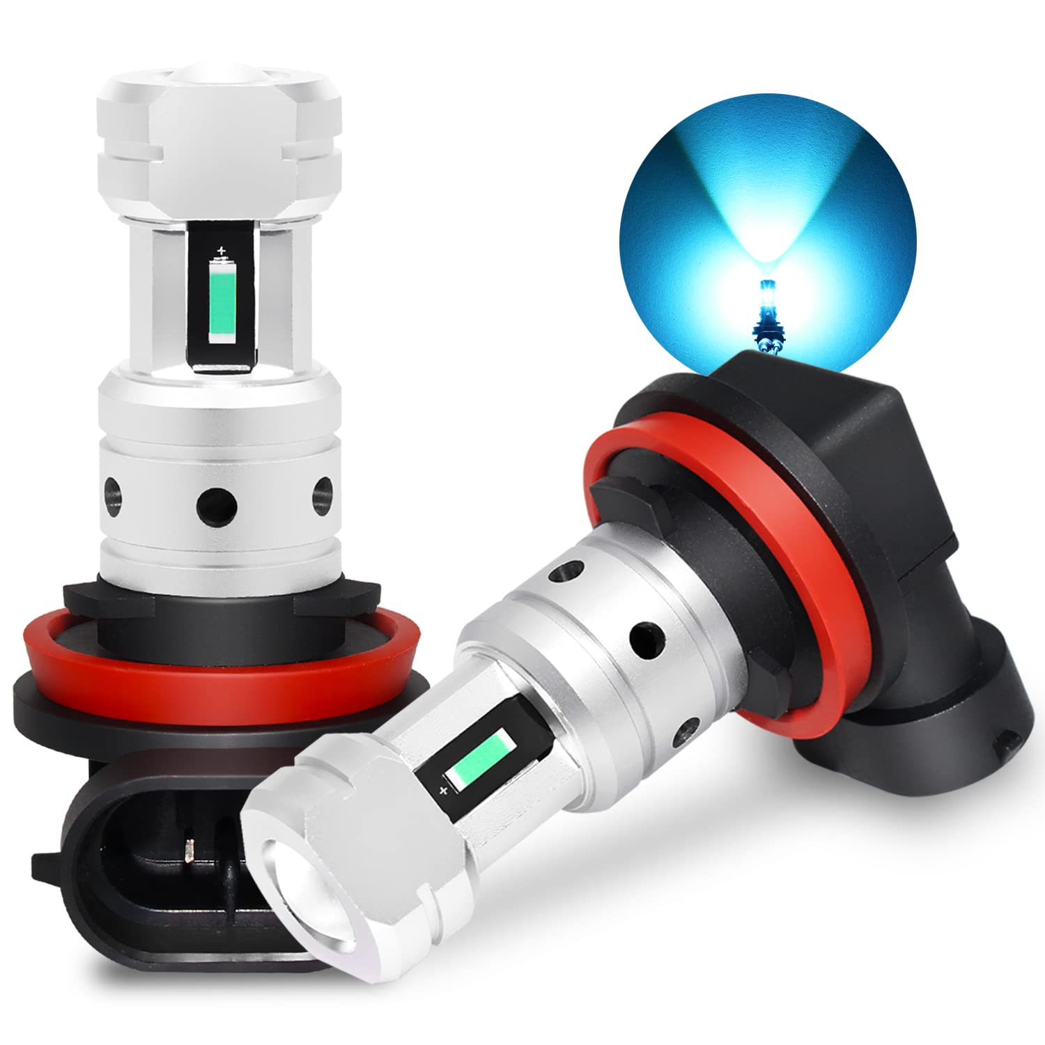 PHINLION H8 H11 blue LED fog bulbs front view showing bright ice-blue glow for foggy conditions