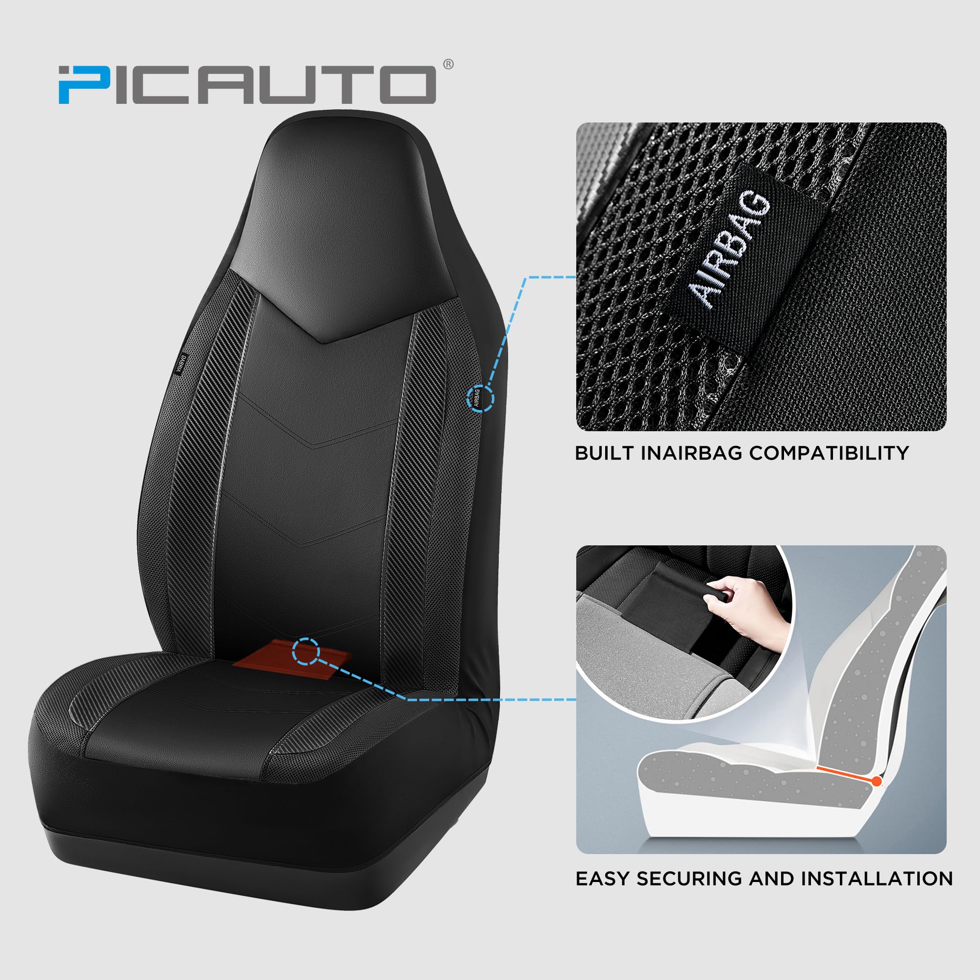 PIC AUTO close-up of carbon fiber accents on seat cover for a sport look.
