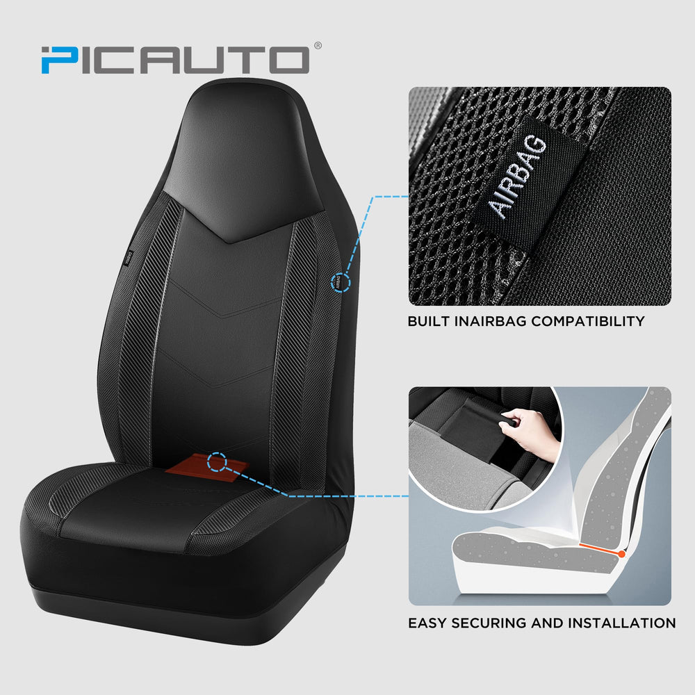PIC AUTO close-up of carbon fiber accents on seat cover for a sport look.