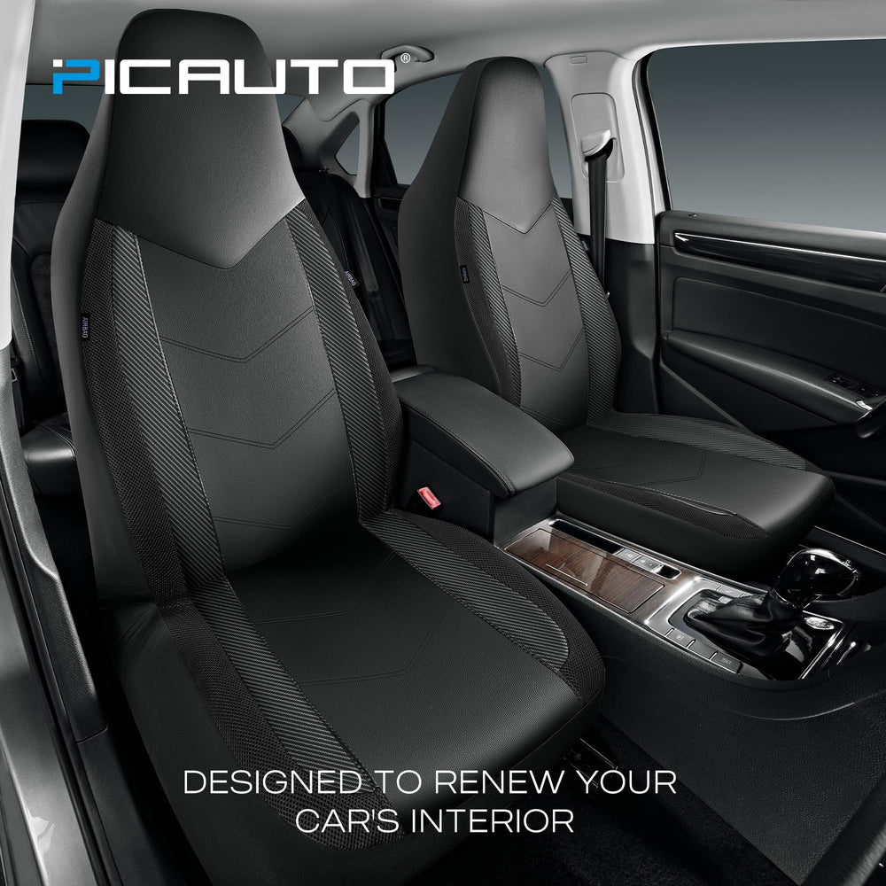 PIC AUTO leather seat cover on the front right seat with carbon fiber accents for comfort.