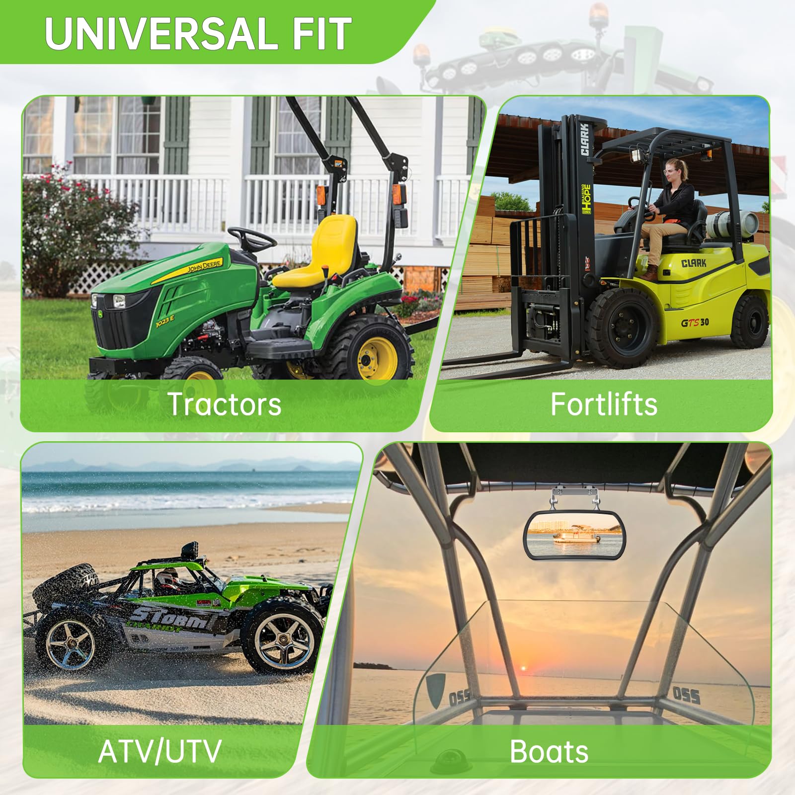 Piclafe mirror fits John Deere and Kubota tractors for easy compatibility