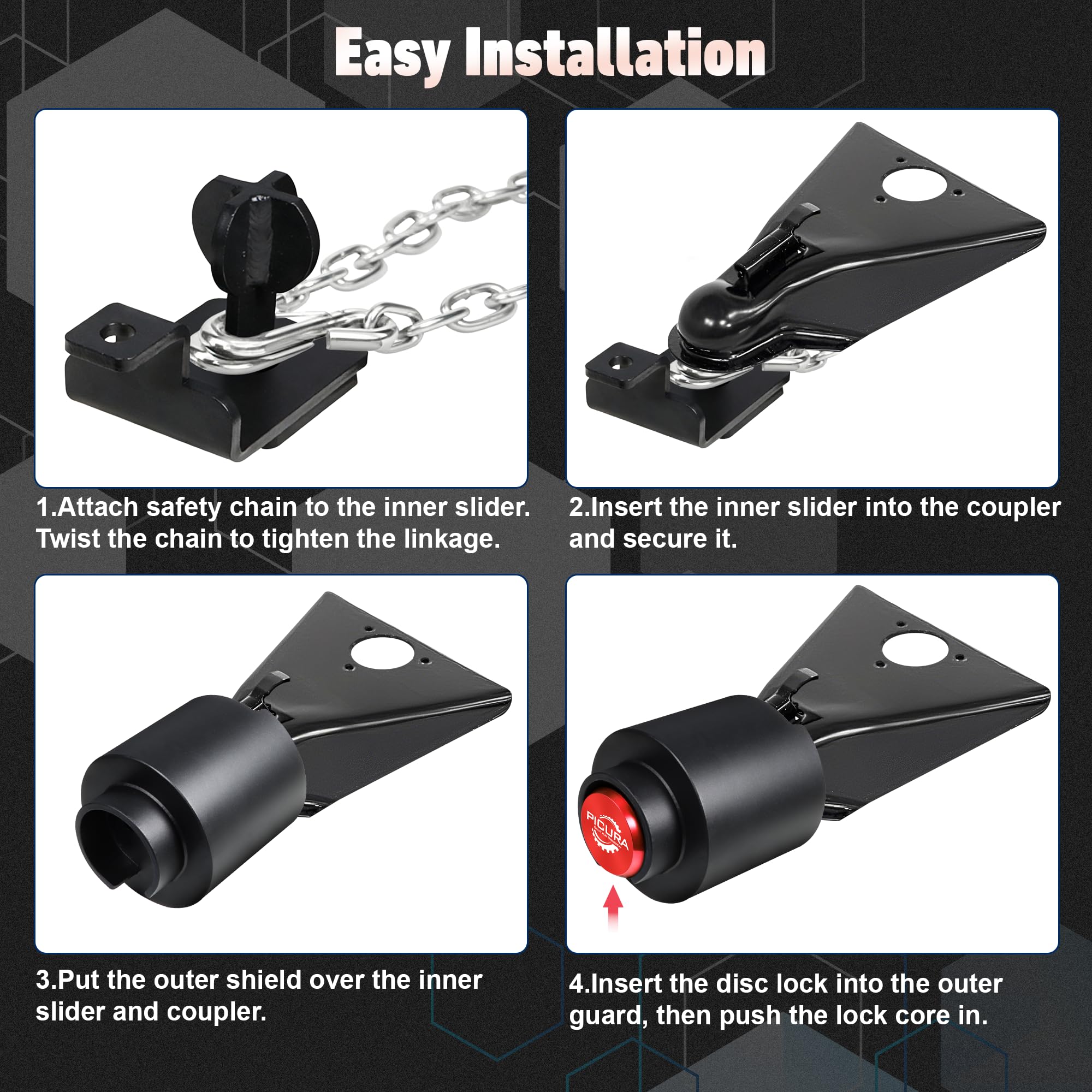 PICURA lock installed on a coupler showcases quick, tool-free securing action.