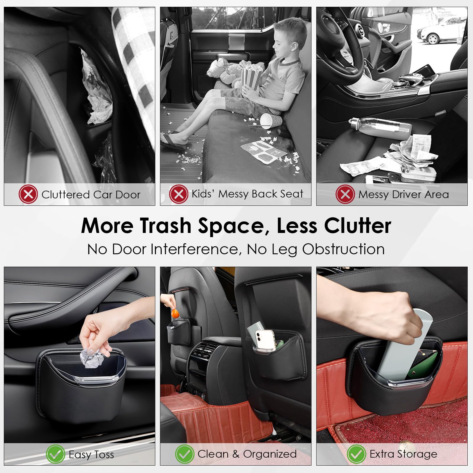 Trash can securely attached to a door panel by PIFOOG clips