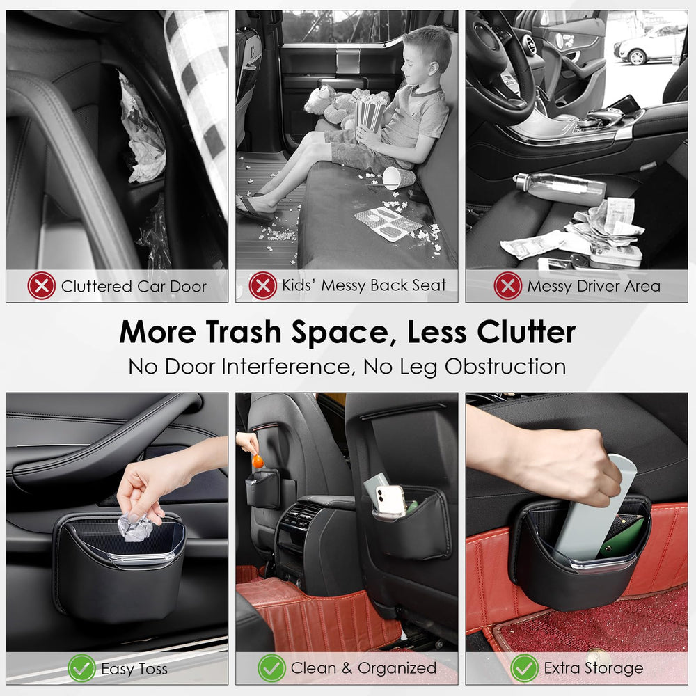 Trash can securely attached to a door panel by PIFOOG clips